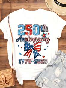 250th Anniversary Usa Independence Day 1776 2026 Patriotic Celebration T Shirt For Women Men Unisex American Flag Bow Design Fourth Of July Party Wear,220g - trắng - Xem 3