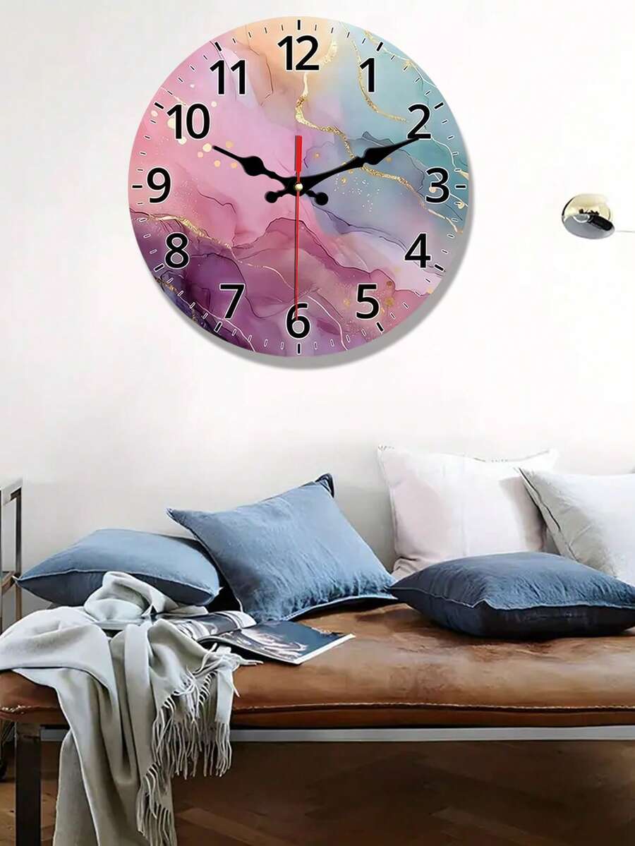 Reloj de pared redondo de madera con diseño abstracto de acuarela, decorado con colores rosa, azul, amarillo y dorado, adecuado para cocina, dormitorio, sala de estar, escalera, lavandería. Pilas no incluidas. - Multicolor - Ver 1