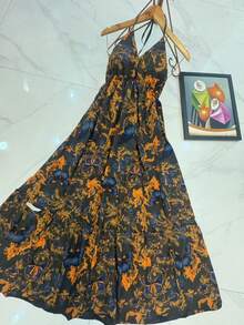 Long Dresses With Built-In Bra, 3D Multicolor Print, New Model With Tie Back, Bare Back. - 藏蓝色 - 查看 3
