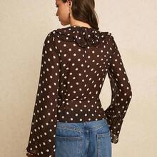 Blusa de moda sexy para mujer con dobladillo con volantes, escote en V profundo, estampado de lunares y mangas acampanadas - Negro01 - Ver 7