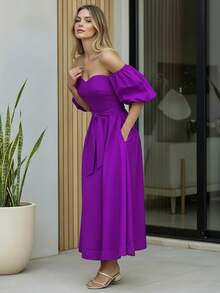 Women's Off-The-Shoulder Long Dress With Adjustable Belt And Puff Sleeves - Buganvilia - 查看 2