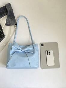 New Fashion Bucket Handbag, Bowknot Decor, Tote Shoulder Bag, Commuter Bag, Solid Color Handbag For Spring/Summer - Blue - View 3