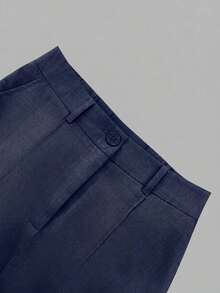 ANCHOSE Conjunto de camisa de mujer de verano con cuello vuelto, botones y mangas con puños + pantalones de cintura alta, elástica y pierna ancha, conjunto de vestimenta casual minimalista y elegante para ir al trabajo - Azul marino - Ver 4