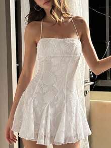 French Style Pure White 3D Floral Textured Spaghetti Strap Dress | Ruffle Hem Design Suitable For Wedding And Vacation Elegant Summer - White - View 8