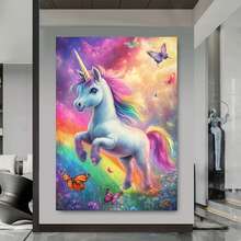 Enmarcado Póster plano 2D, 1 unidad, Unicornio Fantasía - Unicornio Arcoíris y Mariposa, , Impresión Vertical en Lienzo Adecuado para Regalo, Decoración de Habitación, Dormitorio, Pintura de Pared Art Déco Moderna, Decoraciones Mágicas para la Hora de Dormir, Plano 2D - Enmarcado - Ver 3