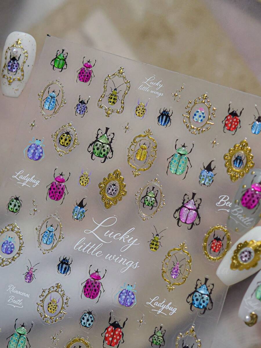1pc 5D Gold Edge Colorful Insect Nail Art Stickers, Cute Laser Jelly Insect Self-Adhesive Transfer Sliders Nail Decoration Stickers DIY Decals - Multicolor - View 1