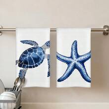 2 piezas Toallas de cocina con estampado de animales marinos azules, paños de limpieza de cocina 100% poliéster, adecuados para cocina de restaurante y decoración del hogar; secado rápido, ligeros, resistentes a la decoloración, baja pelusa, resistentes al moho, alta solidez del color, tamaño 40*60cm - Azul y blanco - Ver 6