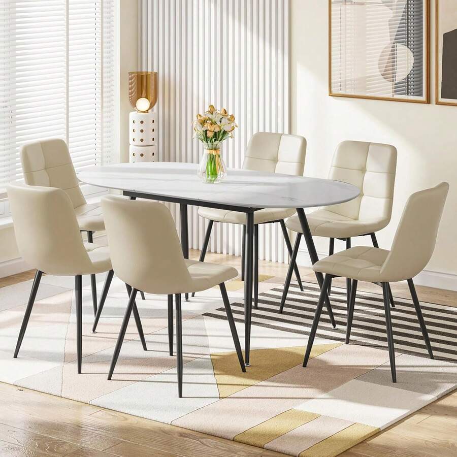 Extendable Dining Table And Chairs Set 6, 120-160cm Oval Marble Effect Table With 6 Beige Upholstered PU Chairs For Dining Room, Kitchen - 6 PU Beige - View 1