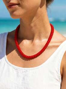 1pc European And American Bohemian Simulated Stone Abacus Beaded Short Necklace, Stainless Steel Accessories, Suitable For Holiday And Beach - Handmade Beaded Faux Stone Stainless Steel Necklace - View 5
