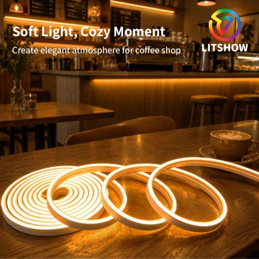 LITSHOW Lampu Strip Neon LED Silikon, Tahan Air IP67, Lampu Tali Neon Fleksibel, Dapat Dipotong, Cahaya Putih Hangat 3000K, Pencahayaan Linier Putih Terang, Cocok untuk Dekorasi Dinding Kamar Tidur, Ruang Tamu, Pencahayaan Suasana Teras - Saklar kotak baterai - View 1