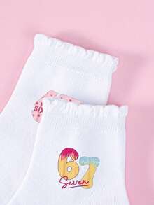 5雙女孩數位67襪子，輕量透氣網眼面料，吸濕排汗，街頭運動風公主襪，刺繡彩色數字與字母，柔軟舒適，適合舞蹈課、幼兒園、日常穿著、生日禮物，日系軟妹風，彈性襪口，女孩必備時尚單品 - 彩色 - 查看 5