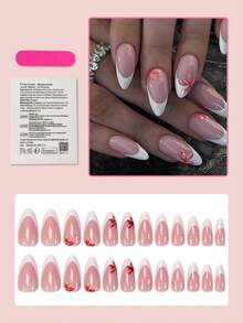 24 piezas de pegatinas de uñas con forma de almendra de tamaño mediano, manicura francesa blanca, diseño floral, decoración con rhinestones, estilo minimalista, cobertura completa, adecuado para uñas de verano de mujeres y niñas, suministros de arte de uñas. - Multicolor - Ver 2