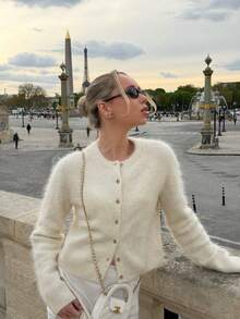 VIBEWAVE Off-White Round Neck Single-Breasted Short Faux Mink Knit Cardigan For Women, Exuding French Gentle And Sophisticated Style, Perfect For Spring And Autumn Dates, Travel, Street Style, And Commuting. - Dark Grey - View 3