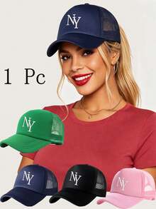 1PC Women's Personalized "NY" Letters Mesh Adjustable Baseball Cap, Lightweight Breathable Outdoor Sun Hat,Outdoor Sun Protection Adjustable Hat,Unisex Minimalist Solid Color Breathable Mesh Cap,Suitable For Outdoor Sports - Multicolor - View 1