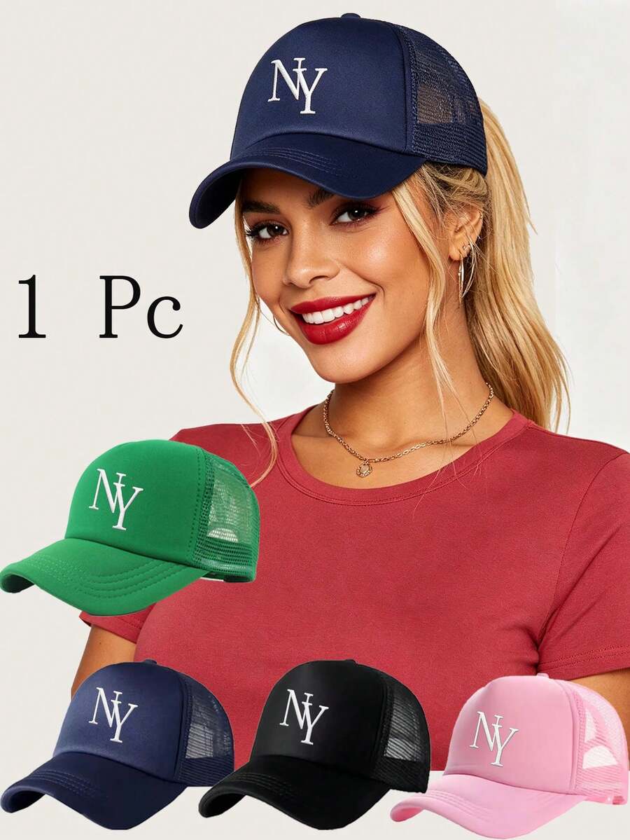 1PC Women's Personalized "NY" Letters Mesh Adjustable Baseball Cap, Lightweight Breathable Outdoor Sun Hat,Outdoor Sun Protection Adjustable Hat,Unisex Minimalist Solid Color Breathable Mesh Cap,Suitable For Outdoor Sports - Multicolor - View 1