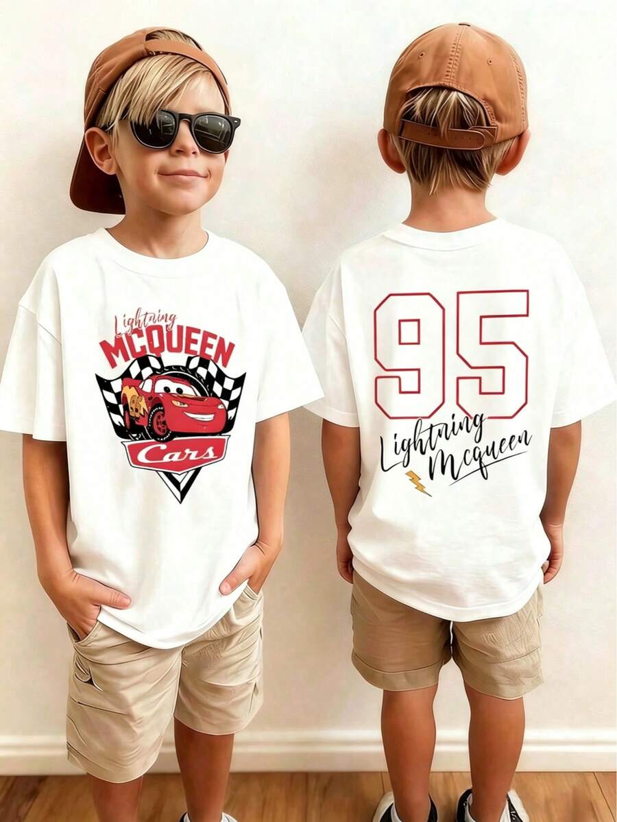 Boys' Disney *Cars* Lightning McQueen T-Shirt - Featuring A Front Print Of McQueen Alongside A Checkered Flag Motif, And Adorned On The Back With His Iconic "95" Number And Signature Graphic. Crafted From Casual, Pure White Cotton With Short Sleeves, This Tee Is Designed Specifically For Fans-Making It The Perfect Choice For A Trip To Disney, Coordinating Family And Friends' Outfits, Or Simply For Any *Cars* Enthusiast. - trắng - Xem 1