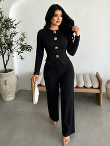 Solid Color Elegant Metal Button Long Sleeve Thin Women's T-Shirt And Straight Leg Pants - Black - View 7
