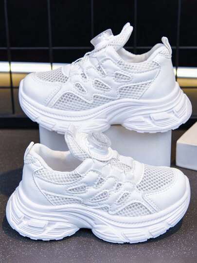 Unisex Kids' Breathable Mesh Sneakers With Rotary Buckle, Easy On/Off, Casual Campus Performance Versatile Chunky Sneakers, Lightweight Soft Sole Non-Slip Summer Children Running Shoes