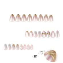 Gold Bow French Pearl Pink Short Wearable Nails With Flashing Pearls, New Style, Brightening Effect, False Nails - Như hình ảnh minh họa, keo dán dạng gel không được bao gồm. - Xem 3