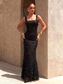 UNITHORSE Women's Square Neck Backless Tie-Waist Sequin Beaded Bodycon Dress, Evening Gown - Black - View 1