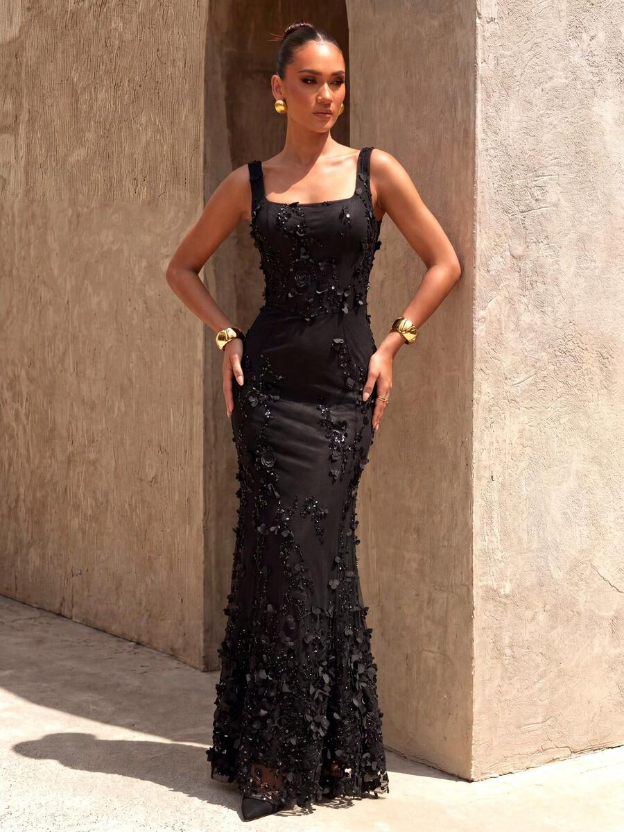 UNITHORSE Women's Square Neck Backless Tie-Waist Sequin Beaded Bodycon Dress, Evening Gown - Black - View 1