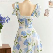 Fengyu Women's Clothing Store  Vestido corto de línea A con estampado floral y cintura con lazada - Multicolor - Ver 3