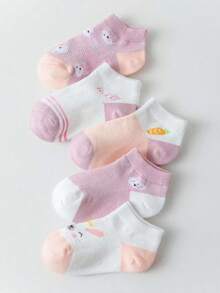 Paquete de 5 pares/10 pares/20 pares de calcetines tipo barco de malla con dibujos animados de conejo & zanahoria para niñas - Multicolor - Ver 3