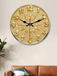 1pc 2D Flat Gold Sparkling Diamond Theme Wooden Wall Clock, Silent Decorative Clock, Creative Wall Clock Suitable For Bedroom, Living Room And Office Decor, Batteries Not Included, 2D Flat - Multicolor - View 4