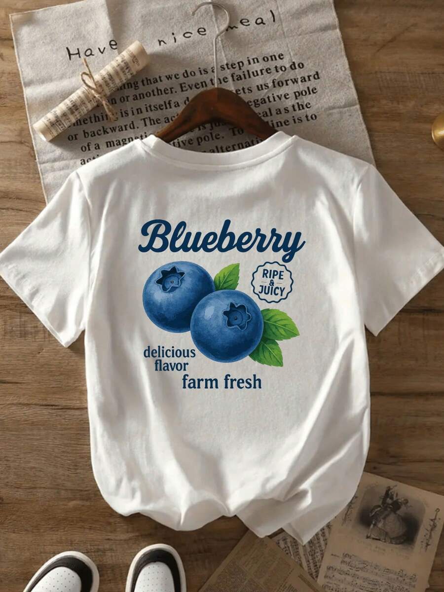 -shirt Casual da Donna a Maniche Corte - Stampa Mirtilli, Collo Tondo Bianco, Tessuto Morbido in Poliestere, Perfetta per Primaverile ed Estiva,-shirt da Donna - Bianco - Visualizzare 1