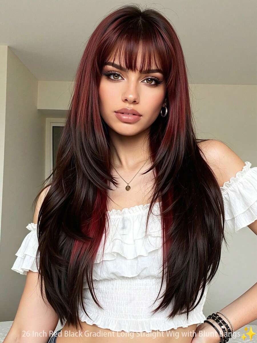 22 Inch Light Pink Straight Synthetic Wig With Full Bangs, Heat Resistant, Suitable For Women's Daily Wear, Cosplay And Party - Red Ombre - View 1