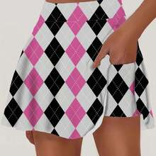 Women' High-Waisted Pleated Mini Skirt With Pink & Black Argyle Diamond Pattern - Preppy Aesthetic Skirt Suitable For, Office, Casual Wear | Full-Length Skirt Print With Side Pockets | Spring Summer Outfits, Non- Blouse - Multicolor - View 1