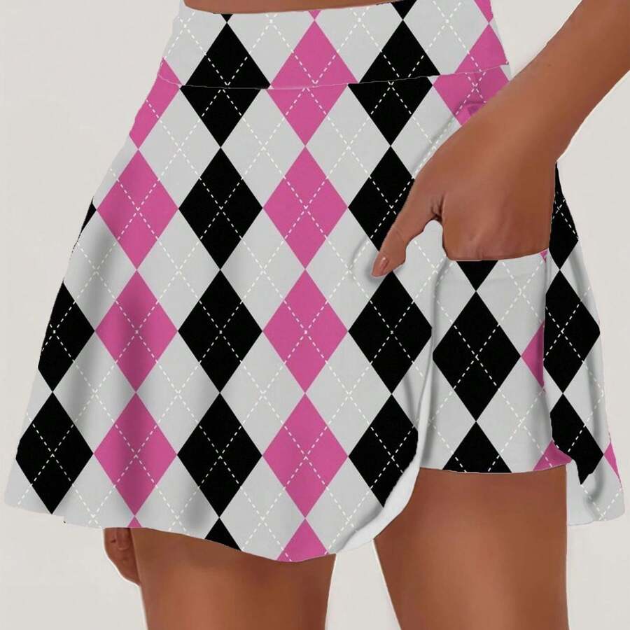 Women' High-Waisted Pleated Mini Skirt With Pink & Black Argyle Diamond Pattern - Preppy Aesthetic Skirt Suitable For, Office, Casual Wear | Full-Length Skirt Print With Side Pockets | Spring Summer Outfits, Non- Blouse - Multicolor - View 1