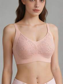 1pc Women's Wireless Lace Bra - Molded Cup, Adjustable Straps, Comfortable For Daily Wear - Pink - View 1