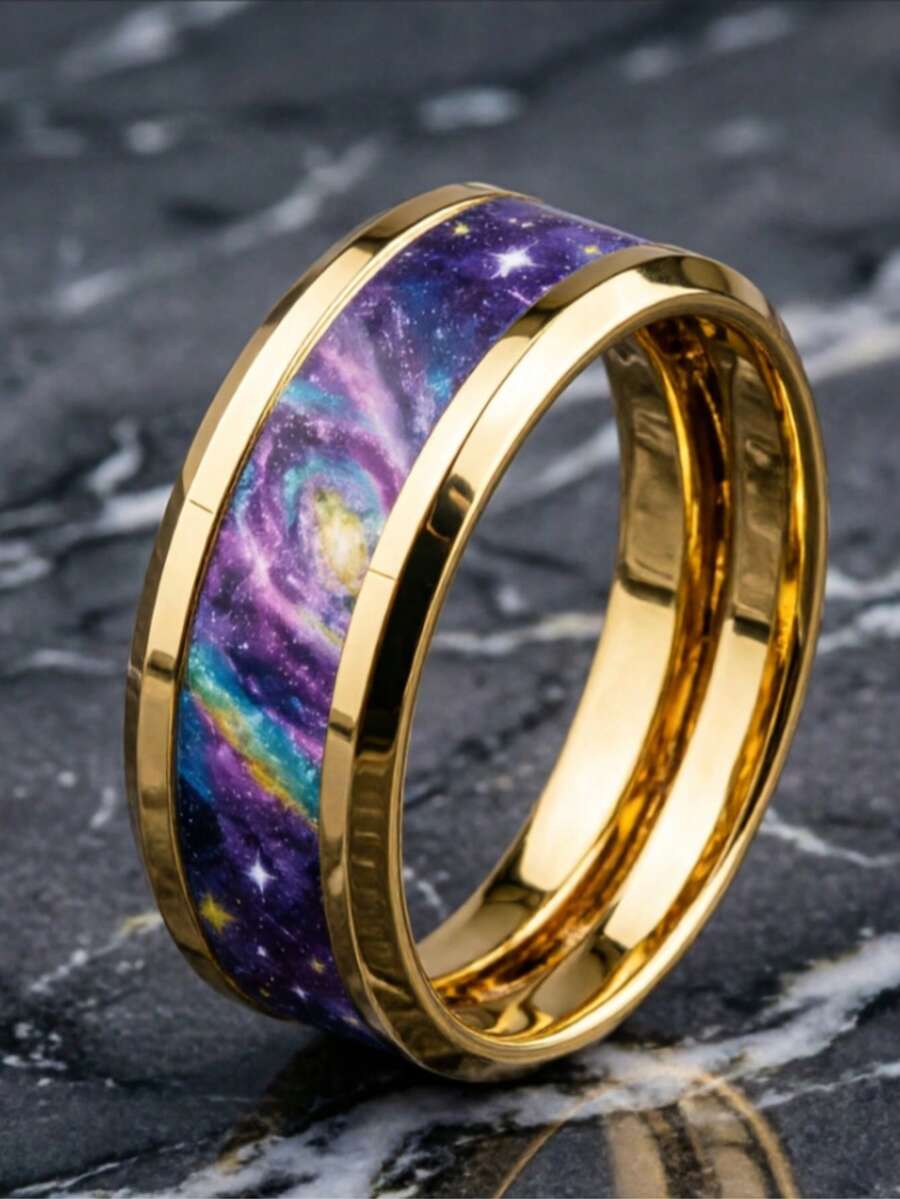 Personalized Men's Sci-Fi Ring, Gold Tungsten Band With Colorful Enamel Cosmic Pattern, Accessory - Gold - View 1