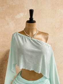 Nuevo conjunto sexy de fiesta con parte superior suelta asimétrica de hombro con lentejuelas doradas transparentes y falda mini fruncida de cintura baja, estilo bohemio, de vacaciones, vintage, para la playa, crucero - Verde 3 - Ver 7
