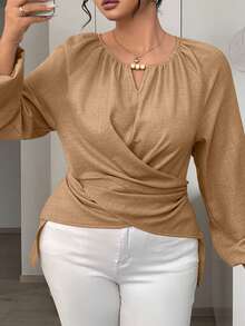 Plus Size Women Woven Long Sleeve Wrap Top, Asymmetric Hem, Back Tie Design - Brown - View 3