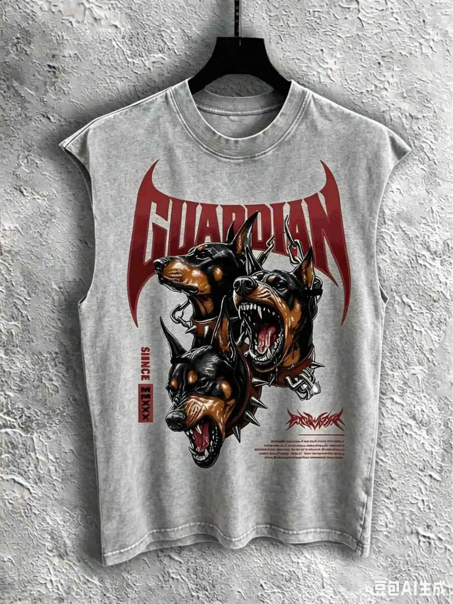 2026 New Summer Men's Sleeveless T-Shirt 230g Washed, Guardian's Wild Power Pattern-Printed Vest, Men's Washed Vintage Tank Top, Washed Cotton Fabric, - 灰色 - 查看 1
