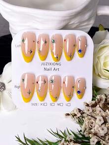 10 Kuku Almond Buatan Tangan, Gaya Prancis Warna Kuning Mustard dengan Pola Bintang dan Rhinestone Berwarna-warni. Cocok untuk Semua Bentuk Tangan, Bagus untuk Pemakaian Sehari-hari dan Kencan. Hadiah Mewah yang Istimewa untuk Wanita. - MultiWarna - View 12