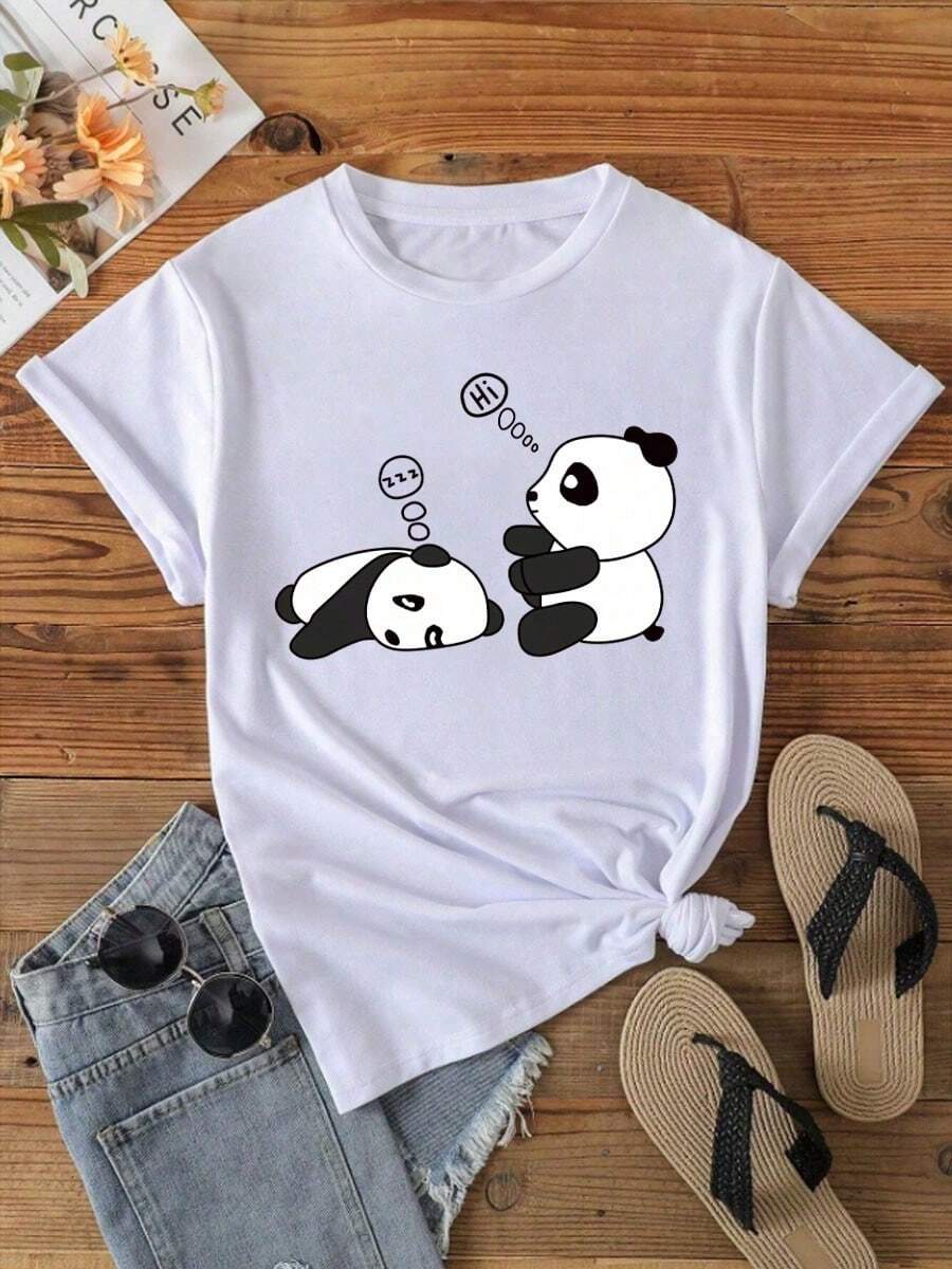 Camiseta de manga corta con estampado de dos pandas, cuello redondo para primavera y verano - Blanco - Ver 1
