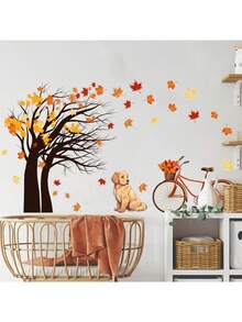 Herbst Ahornbaum Wandtattoo, süßer Golden Retriever Hund mit Fahrrad und Herbstblättern Wandaufkleber, abnehmbar und selbstklebend saisonale Heimdekoration - Herbstliche Ahornbäume - Übersicht 4