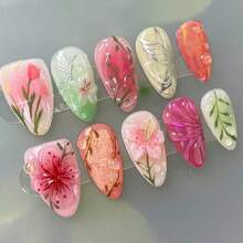 24Pcs Pink Flower Press On Nails Medium Almond Fake Nails 3D Floral Leaf With Silver Butterfly Designs Spring Summer False Nails Cute Colorful Full Cover Glue On Nails For Women Acrylic Manicure DIY - Hoa bướm - Xem 1