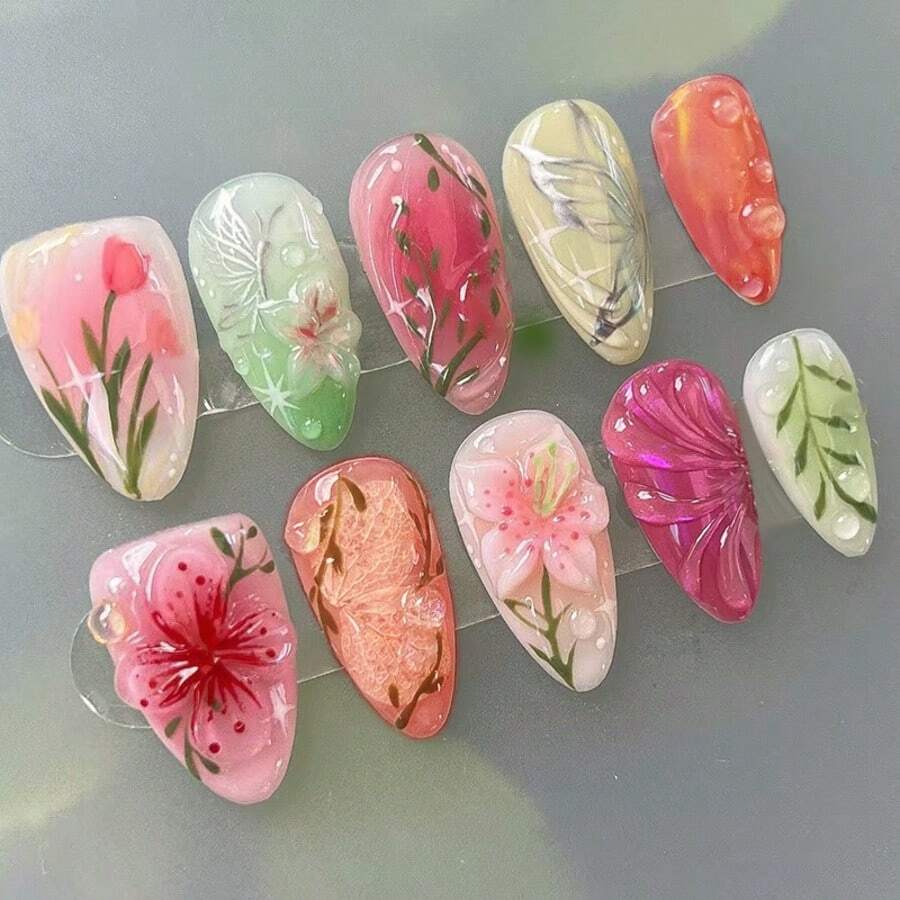 24Pcs Pink Flower Press On Nails Medium Almond Fake Nails 3D Floral Leaf With Silver Butterfly Designs Spring Summer False Nails Cute Colorful Full Cover Glue On Nails For Women Acrylic Manicure DIY - Hoa bướm - Xem 1