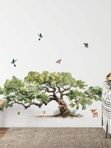 1pc Dense Tree With Green Leaves, Birds, And Cute Deer Wall Sticker, Removable Decal For Bedroom, Living Room, Entryway - 1PC - View 2