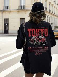 Short-Sleeved T-Shirt With A Round Neck, Minimalist And Fashionable Style, With A Fun Racing Car Print, Versatile And Suitable For Women, White Color - Black - View 3