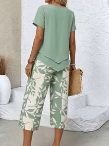 Women's Leaf Print 2 Piece Outfit, Lightweight Breathable Asymmetrical Hem Short Sleeve Top & Capri Pants, Casual Daily Vacation Summer Outfit Set - 綠色 - 查看 2