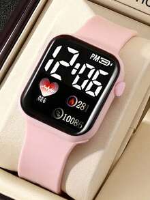 6pcs/Set Pink Girls Sports Electronic Watch Square And Heart Rhinestone Jewelry Set, Casual, Holiday Gift - Pink - View 4