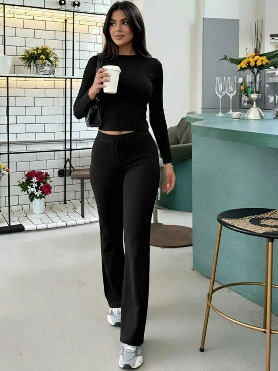 Boho Chic,Euro-American Style,Women's Casual Clothing Solid Color Two-Piece Women's Casual Waist Pleated Long-Sleeved Top With Trousers Suit, - 黑色 - 查看 1