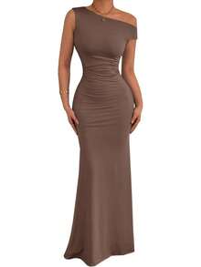 Women's Long Sleeveless Dress With Train, Colored For Wedding, Date, Ceremony And Events - Café - View 11