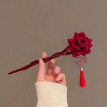 1pc/2pcs Red Rose Tassel Hair Stick, ABS Material, Classical Elegant Updo Hair Accessory, Chinese Vintage Romantic Hair Pin, Suitable For Hanfu, Wedding, Banquet, Festival, Party, Date, Commute, Photography, Daily Wear - Multicolor - View 1