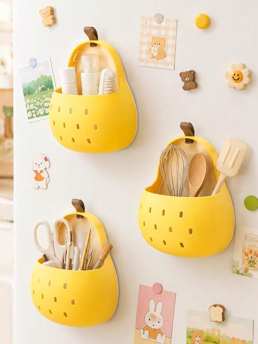 Refrigerator Storage Box, Kitchen Storage Box, Interesting Cartoon Design, Autumn Pear Storage Basket, Multifunctional Refrigerator Side Cabinet Storage Box, Adhesive/Magnetic Style, Suitable For Kitchen Countertop, Bathroom And Office Desk. Can Store Condiments, Seasonings, Tableware, Cosmetics, Pens, Clips, Etc. - Basket Style - View 1